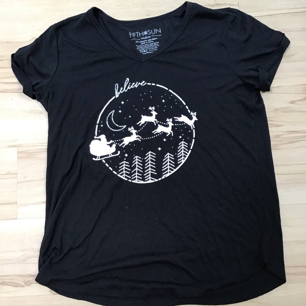 Fifth Sun Black Believe Santa Sleigh Reindeer Silver Moon Stars Trees V Neck Tee